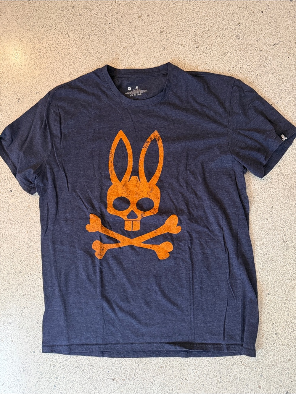Psycho Bunny Navy Graphic Tee with Orange Bunny Skull Medium